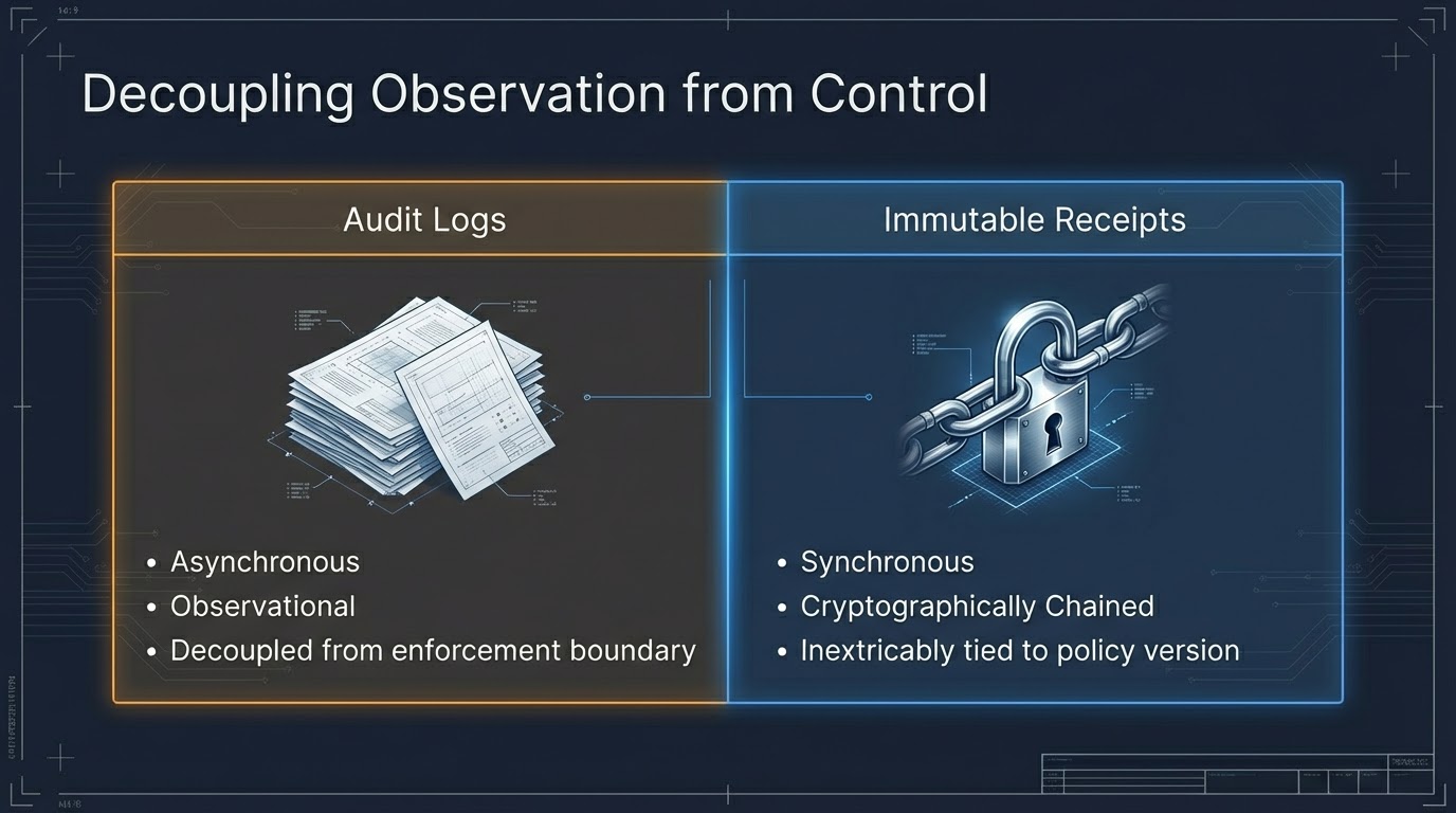Side-by-side comparison: audit logs (asynchronous, observational, decoupled from policy) vs immutable receipts (synchronous, cryptographically chained, bound to policy version).