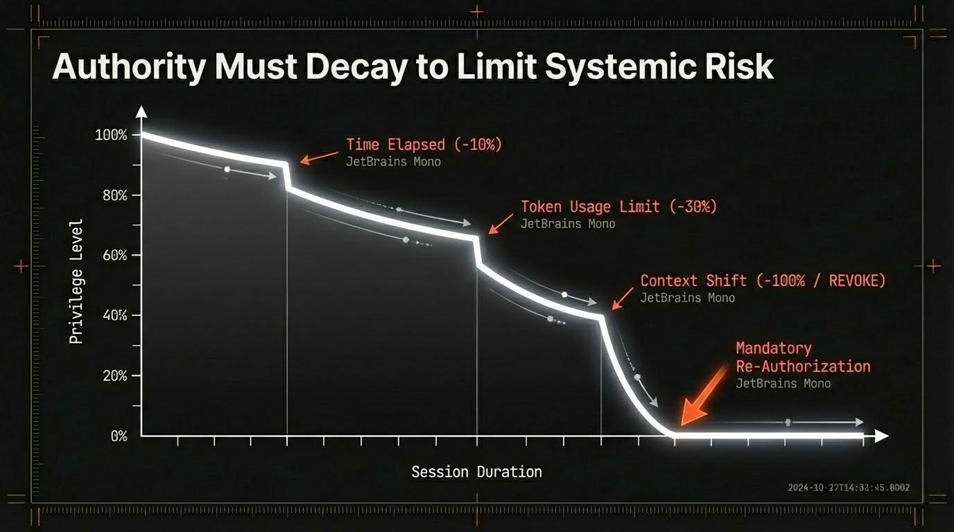 Chart of an agent's authority level decaying over a session: minus ten percent time elapsed, minus thirty percent token budget, full revocation on context shift, then mandatory re-authorization.