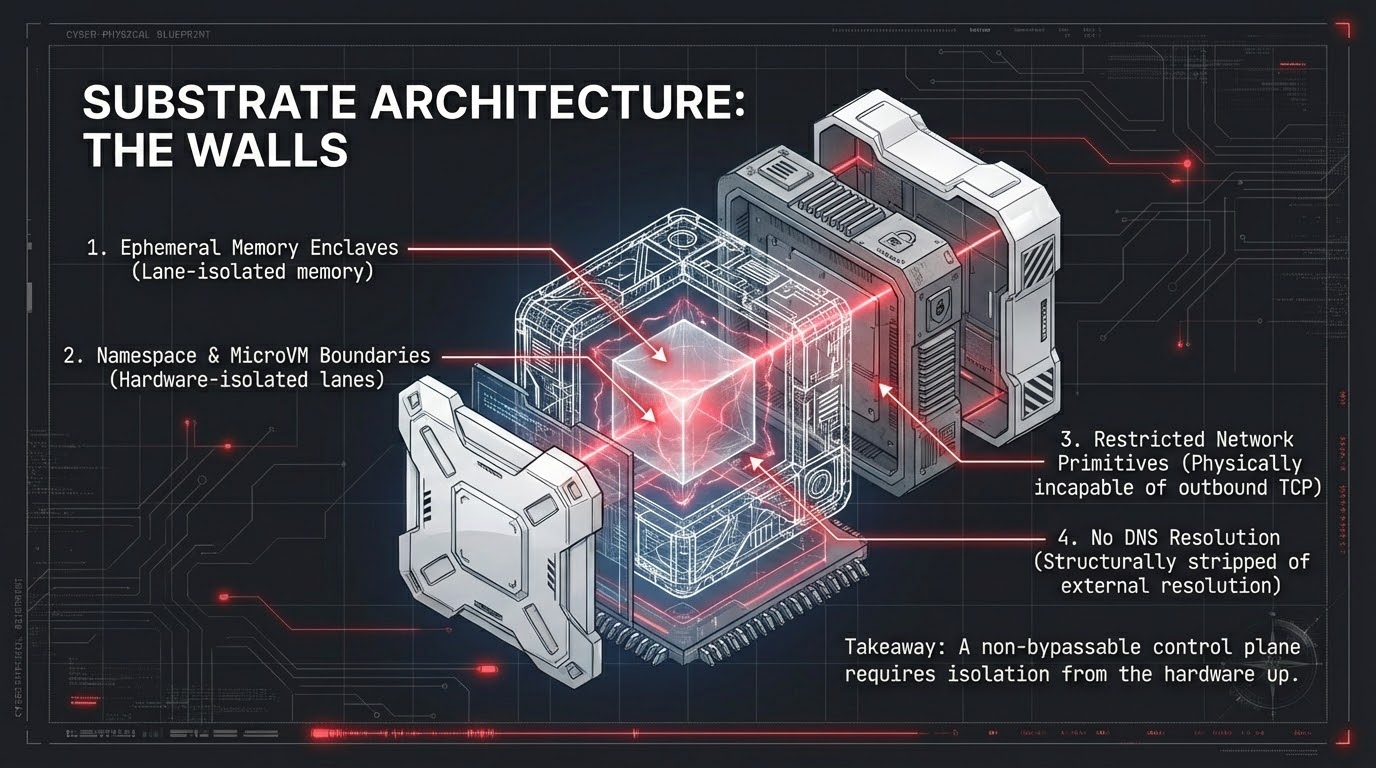 Exploded substrate architecture: ephemeral memory enclaves, namespace and microVM boundaries, restricted network primitives, no DNS resolution.