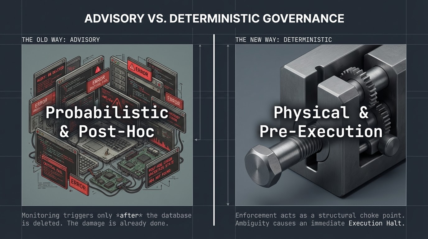 Advisory governance (probabilistic, post-hoc error walls) versus deterministic governance (a physical pre-execution choke point that halts execution).
