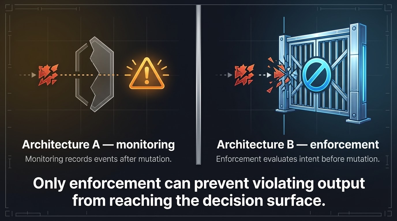 Architecture A records events after mutation; Architecture B evaluates intent before mutation so violating output never reaches the decision surface.