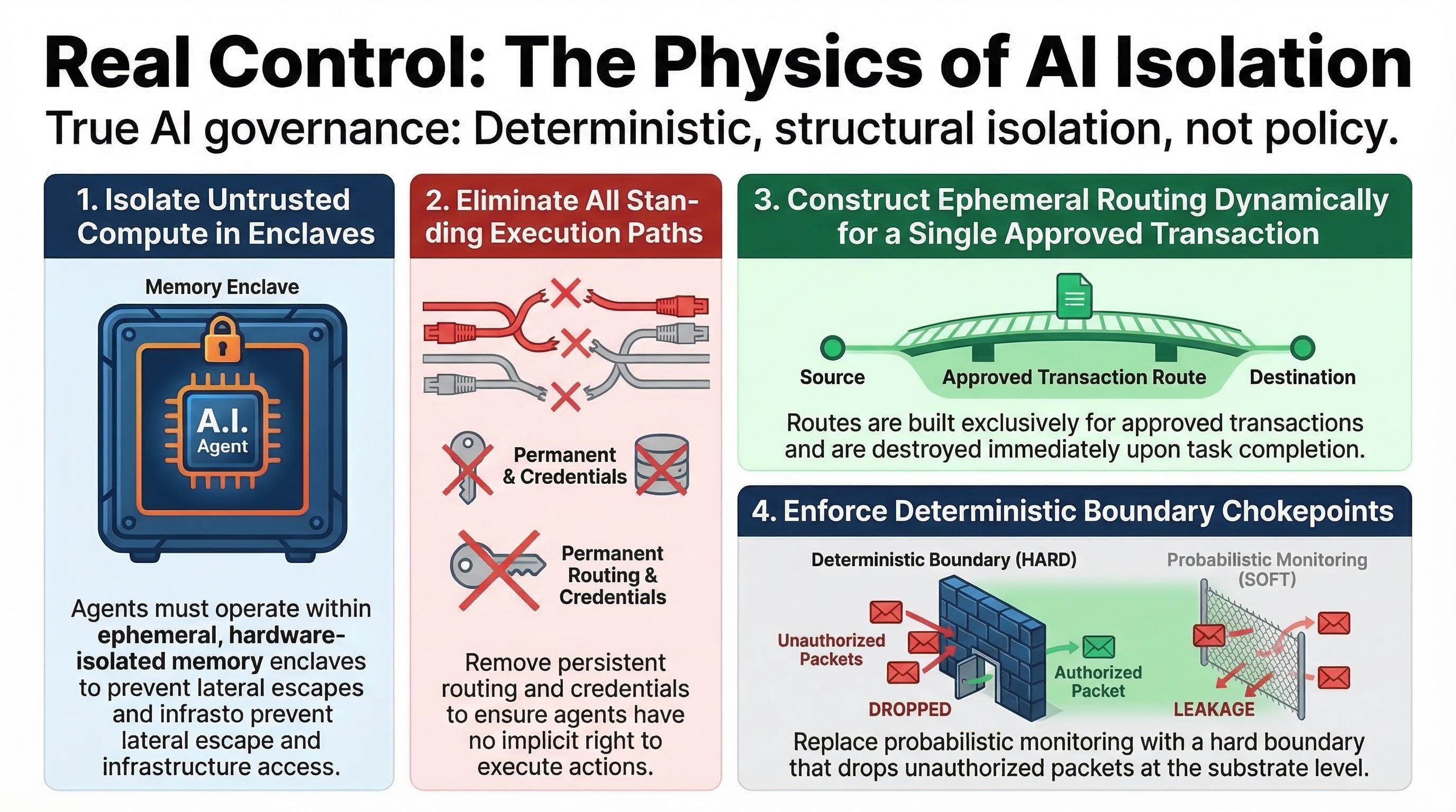 Four-step isolation model: isolate untrusted compute, remove standing execution paths, build ephemeral transaction routing, and enforce deterministic boundary chokepoints.