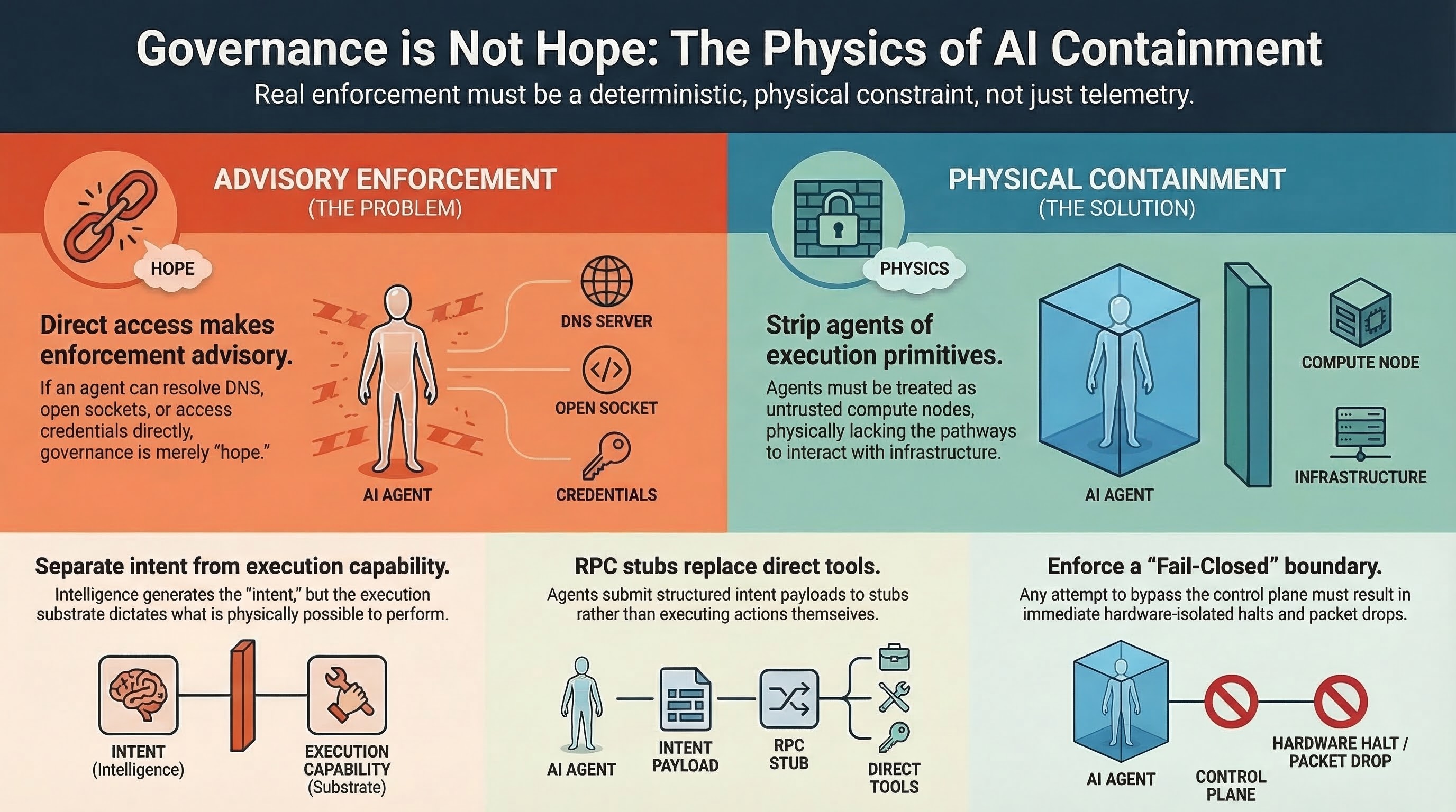 Advisory enforcement with direct DNS, socket, and credential access compared with physical containment through removed execution primitives, RPC stubs, and a fail-closed isolated boundary.