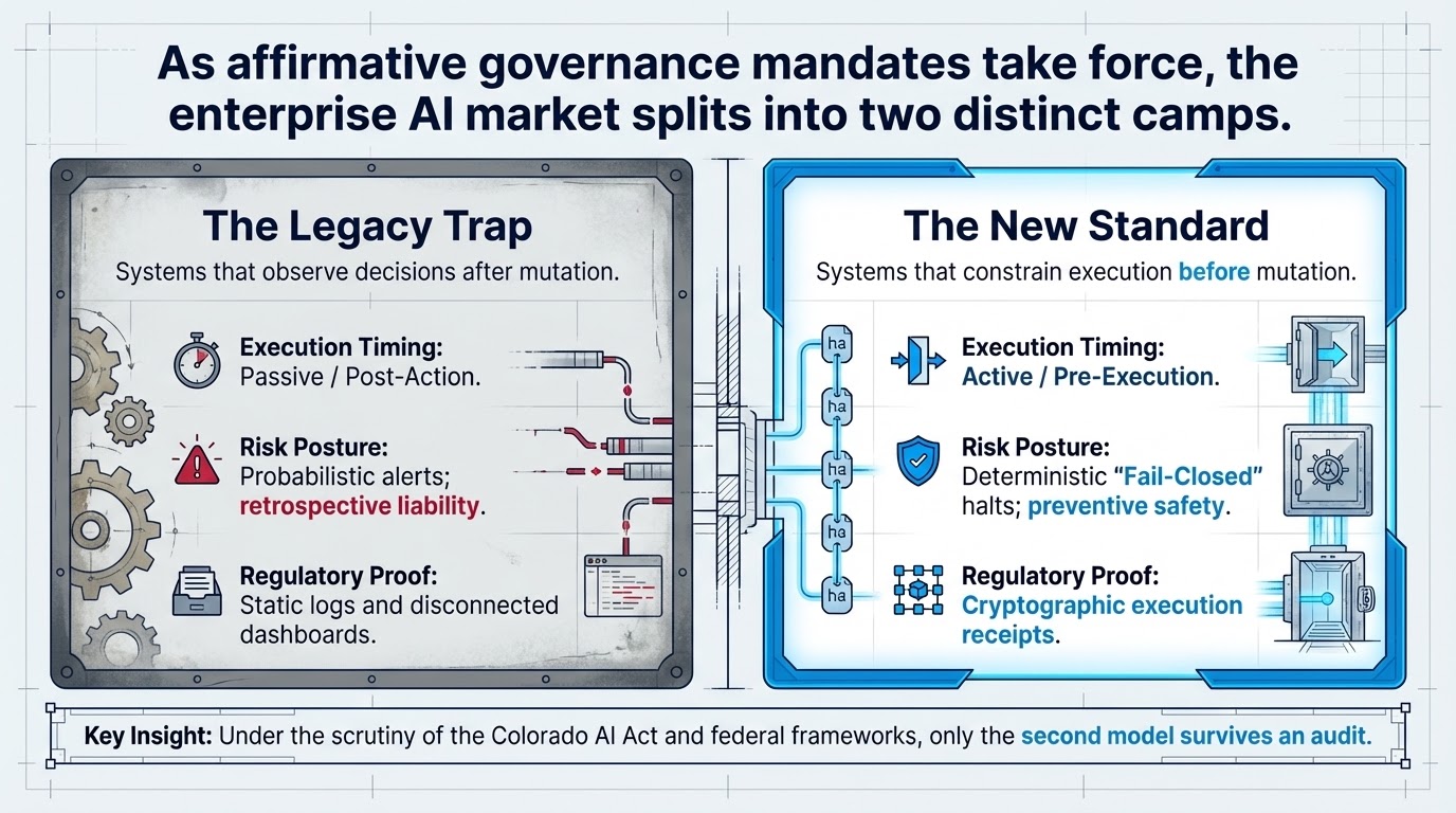 The enterprise AI market split between observing after mutation and constraining before mutation across timing, risk, and proof.