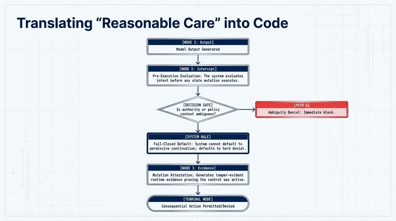 Flowchart: model output, pre-execution intercept, decision gate, ambiguity denial, fail-closed default, mutation attestation, then permit or deny.