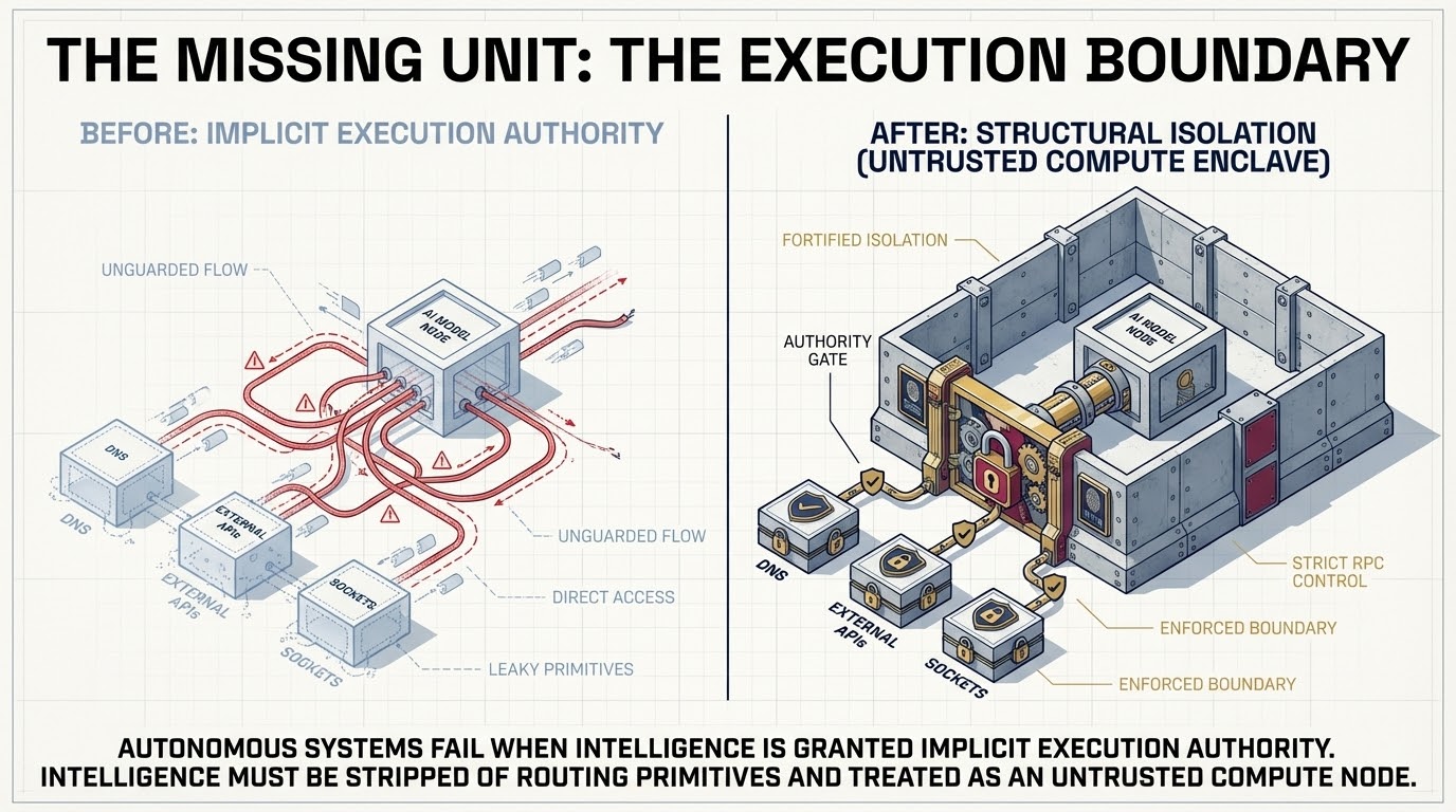 Before and after comparison: implicit execution authority with leaky primitives versus structural isolation behind an authority gate and untrusted-compute enclave.