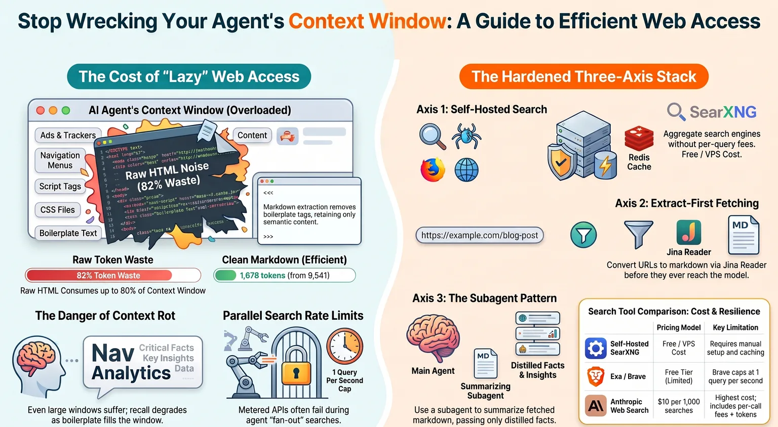 The cost of lazy web access versus a hardened stack: raw HTML wasting about 82 percent of an agent's context window, against a three-part stack of self-hosted search, extract-first markdown fetching, and a summarizing subagent that passes back only distilled facts.